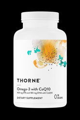 Thorne Omega-3 with CoQ10 supplement bottle, 90 gel caps for heart health and cognitive support.
